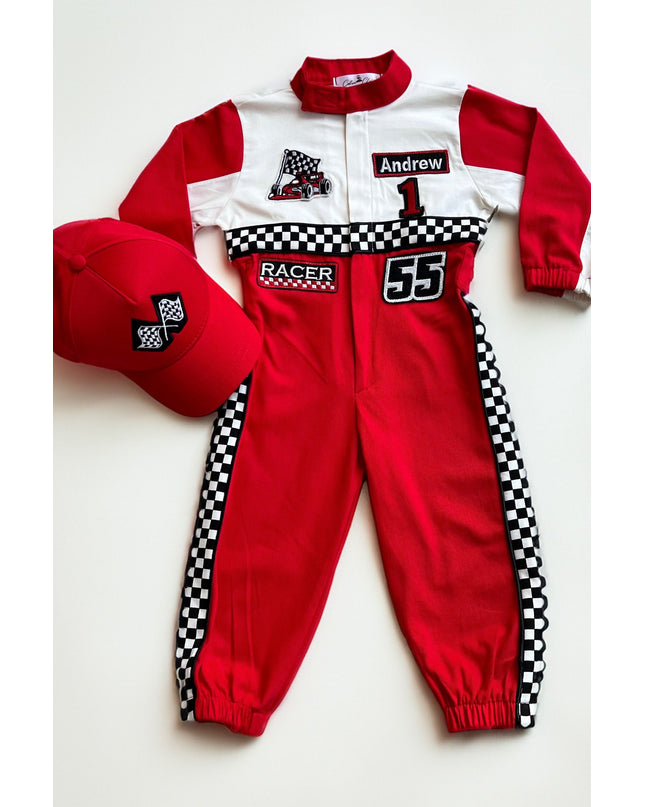 Red & White Racer Suit by Costumes Club. SKUs: 97798575683722, 97824308354410, 97940274413185, 98064732134183, 98169901221262
