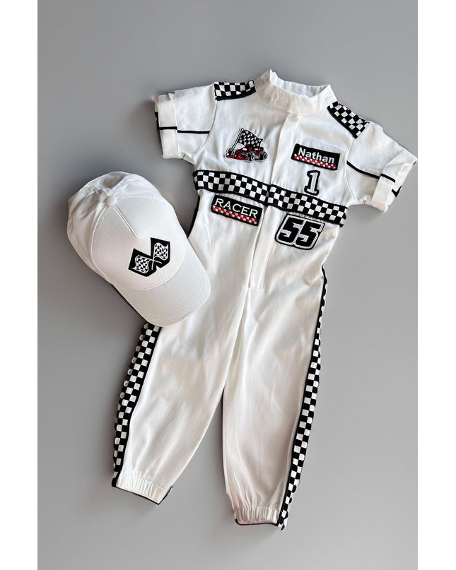 Short Sleeve White Racer Suit by Costumes Club. SKUs: 10100721137959, 10115504432127, 10125154042381, 10130564138895, 10149386644949